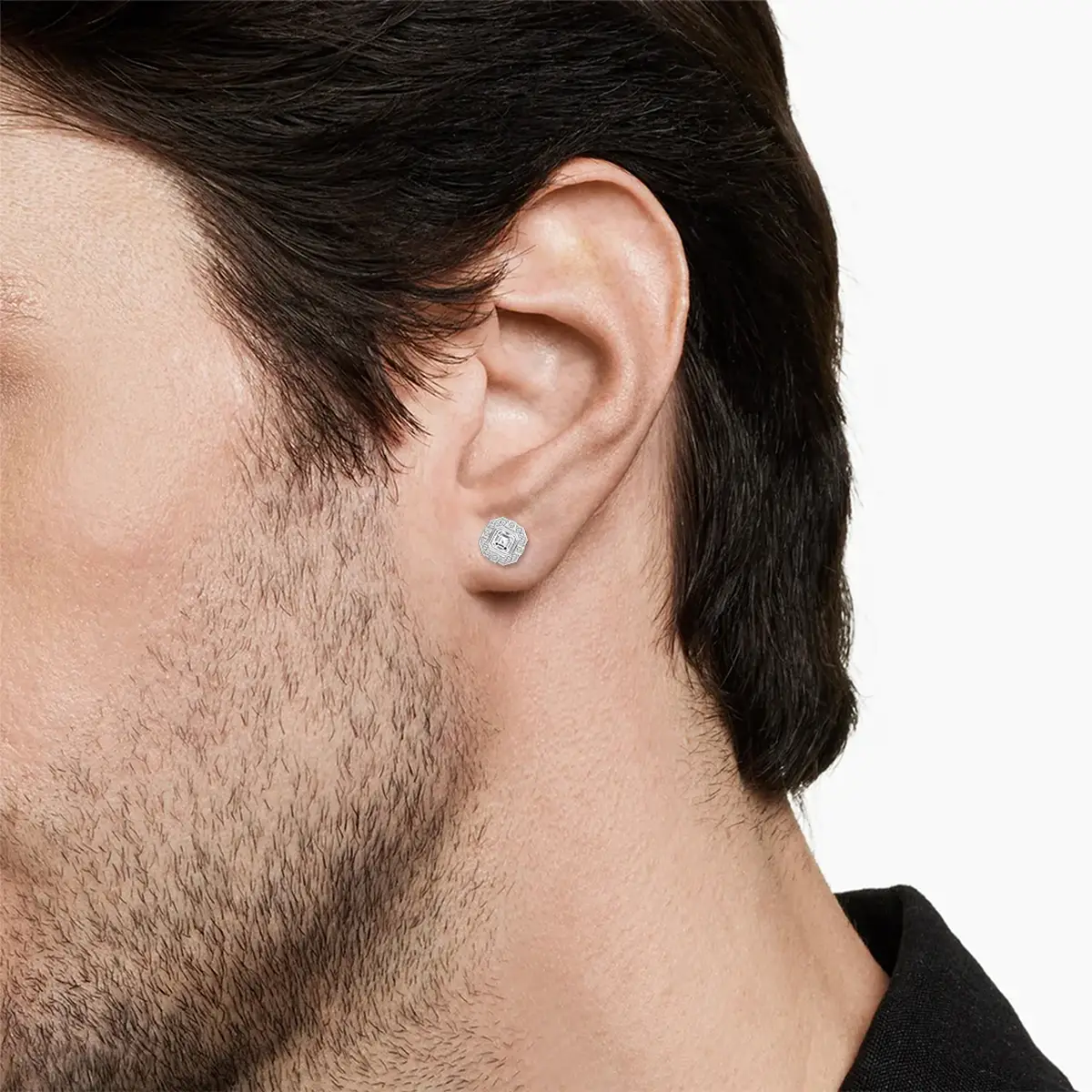 Men Square Emerald Solitaire Diamond Stud with Accents