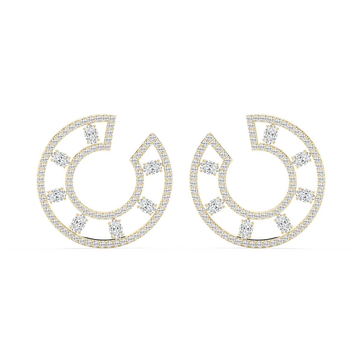 1.55 Carat Oval And Round Shape Diamond Gold Earrings