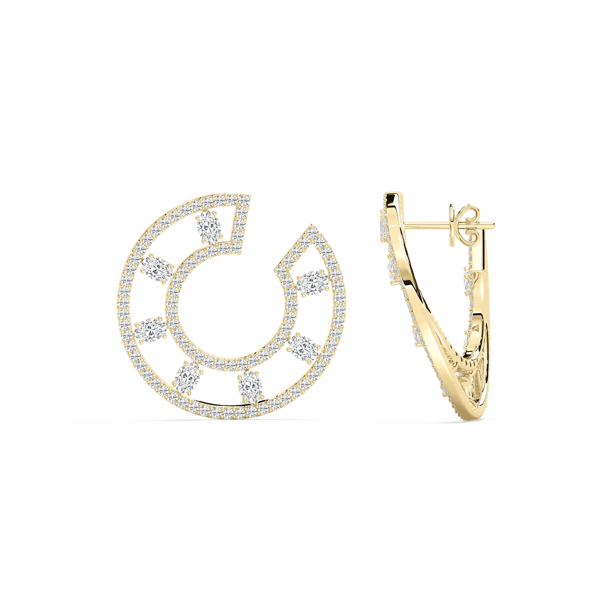 1.55 Carat Oval And Round Shape Diamond Gold Earrings