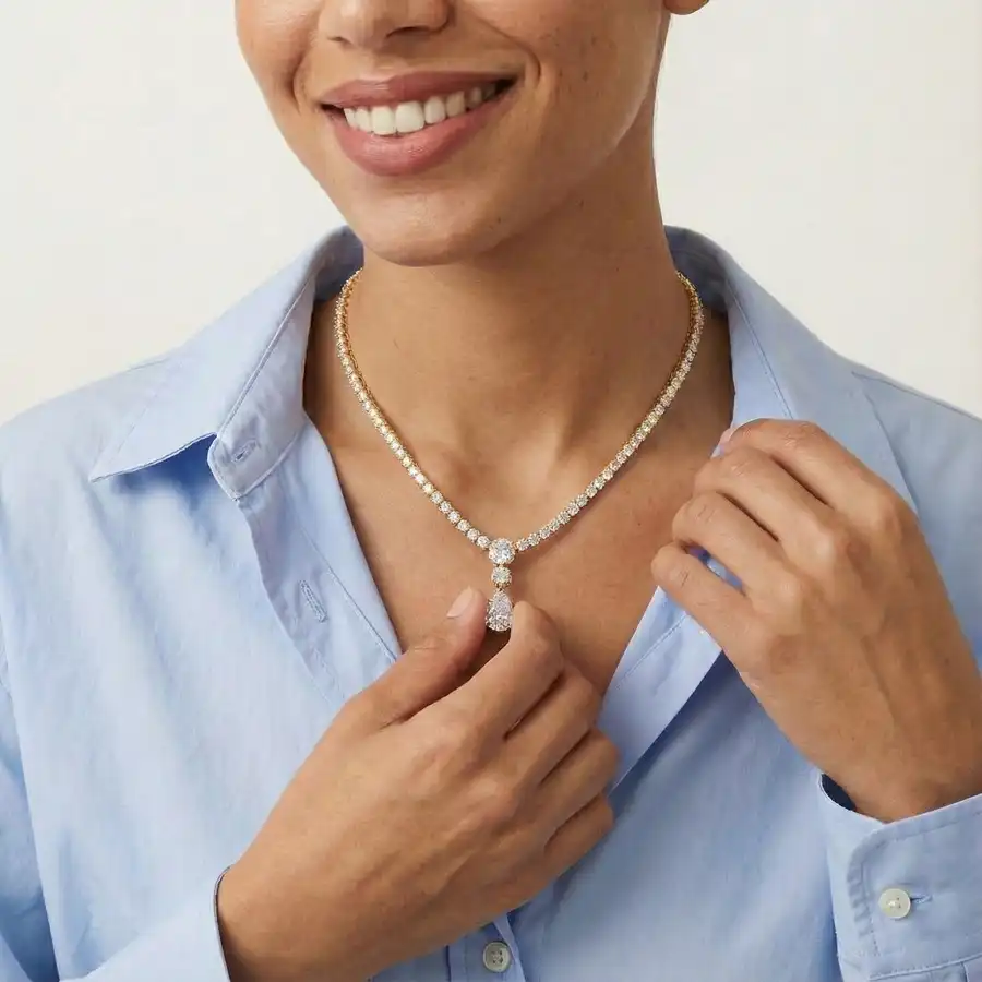 Emerald Cushion Pear and Round Diamond Necklace