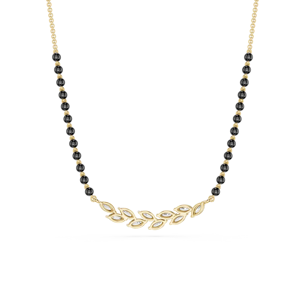 Marquise Lab Diamond Gold Mangalsutra With Black Beads Chain