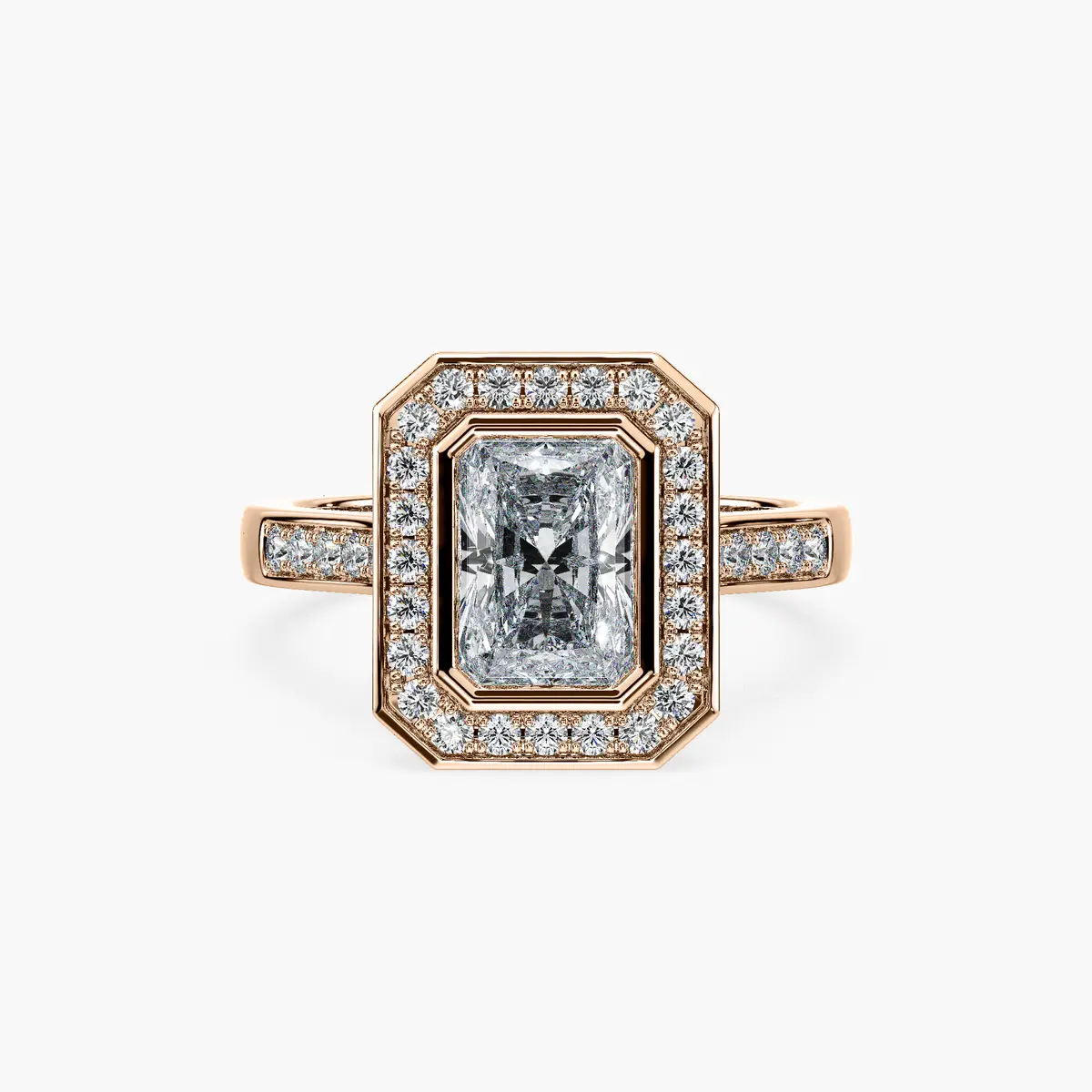1.5 Carat Radiant Diamond Halo Ring in Rose Gold