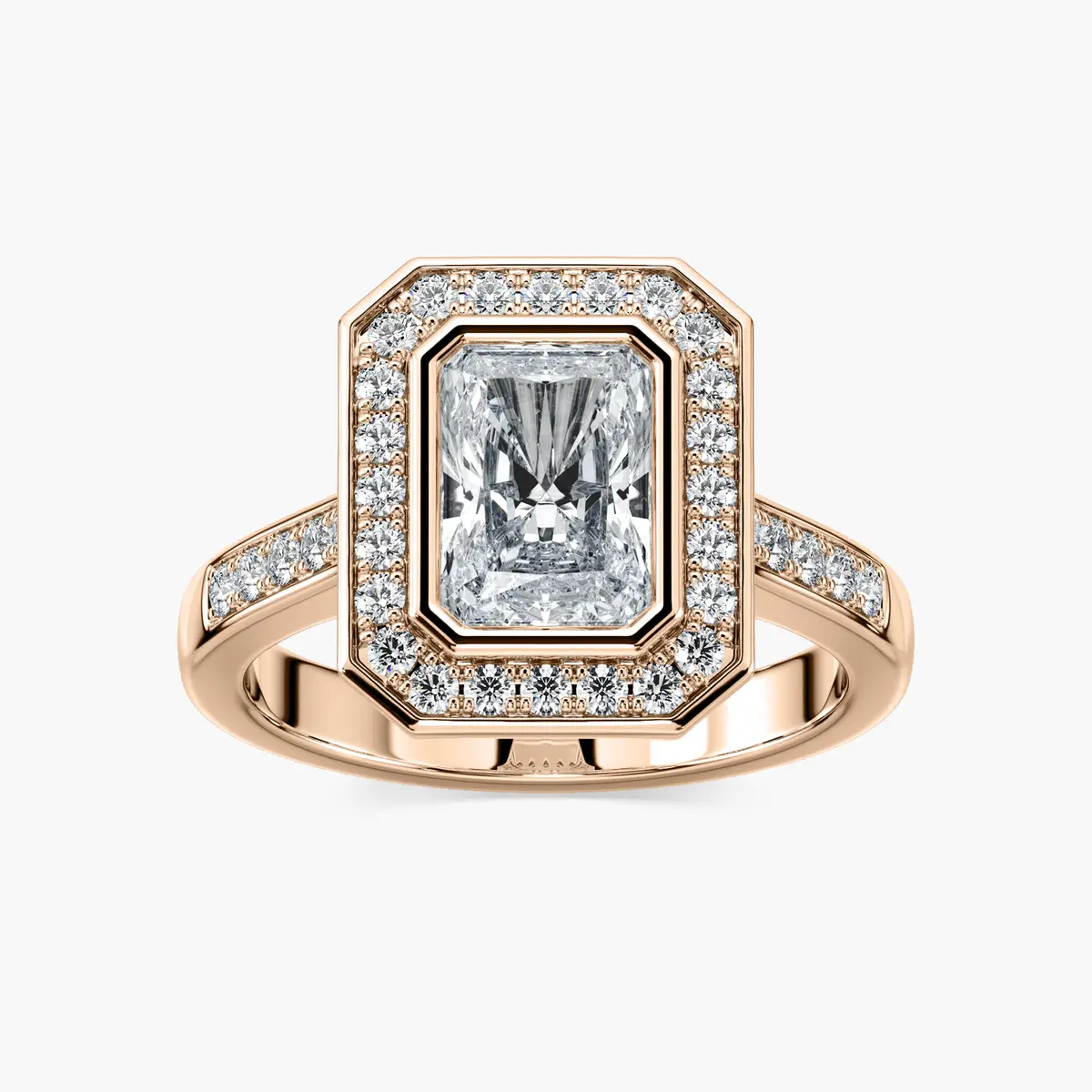 1.5 Carat Radiant Diamond Halo Ring in Rose Gold