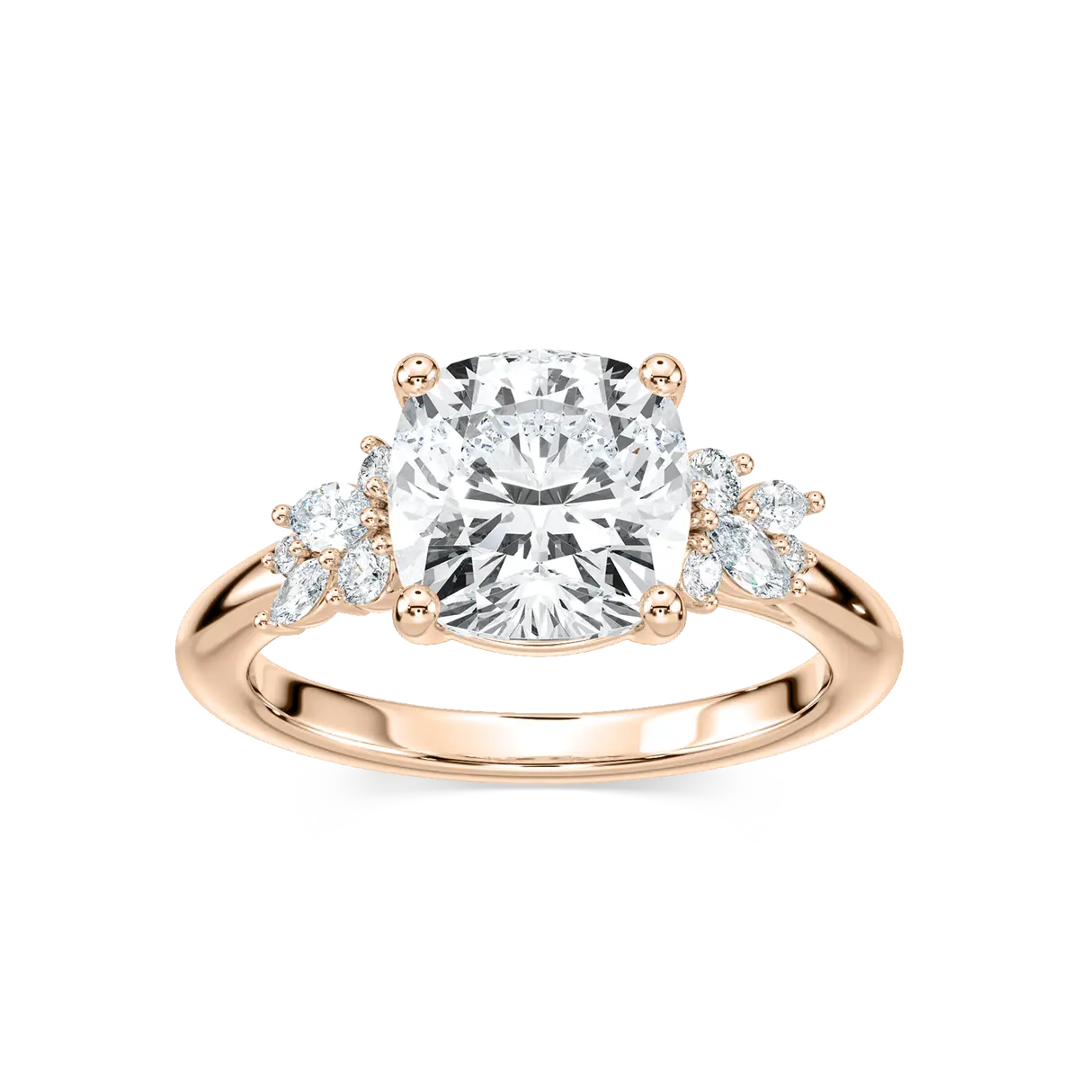 2 Carat Square Cushion Diamond Clover Side Stone Ring