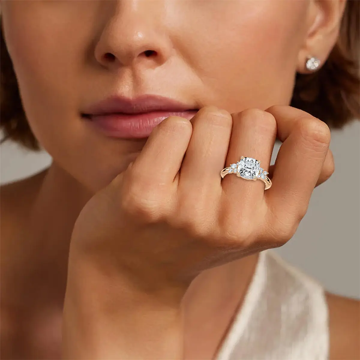 2 Carat Square Cushion Diamond Clover Side Stone Ring