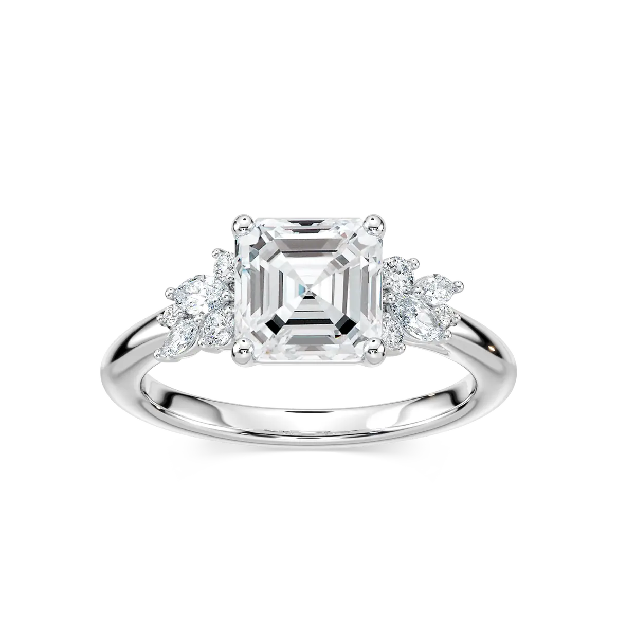 2 Carat Square Emerald Diamond Clover Side Stone Ring