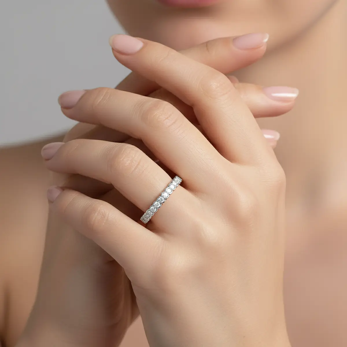 Round Cut Lab Grown Diamond Half Eternity Bezel Set Band