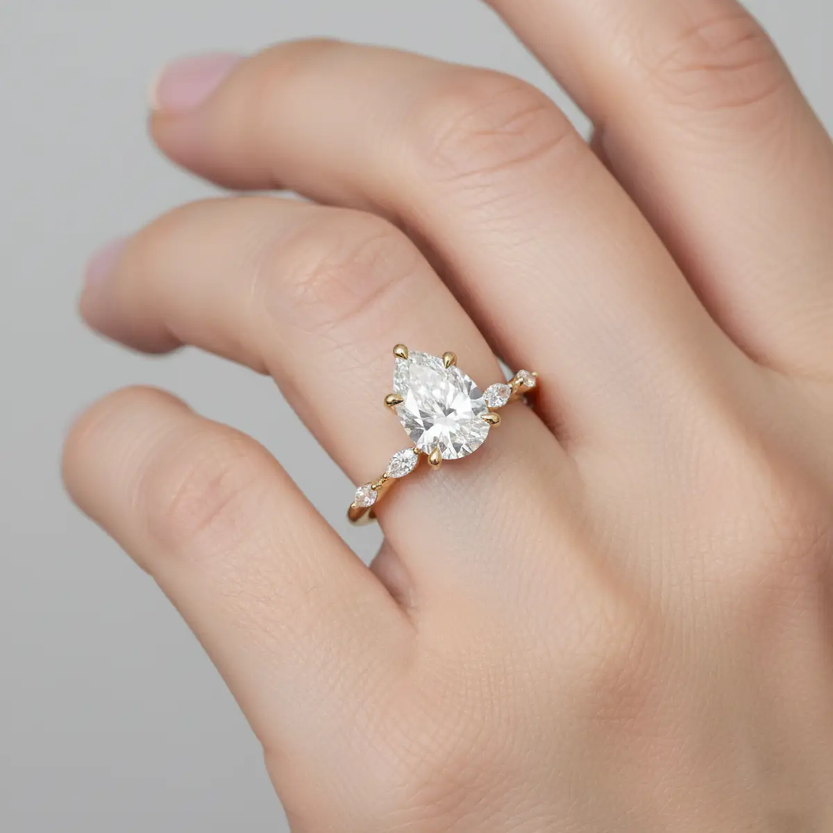 Pear Lab Diamond Side Stone Thin Engagement Ring