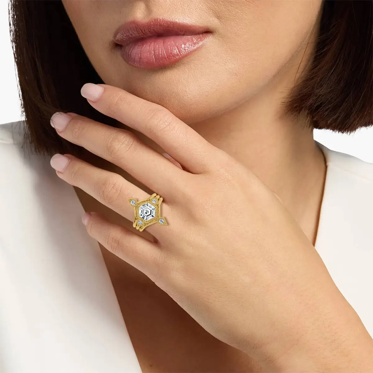 3 Carat Hexagon Shaped Lab Diamond Vintage Ring