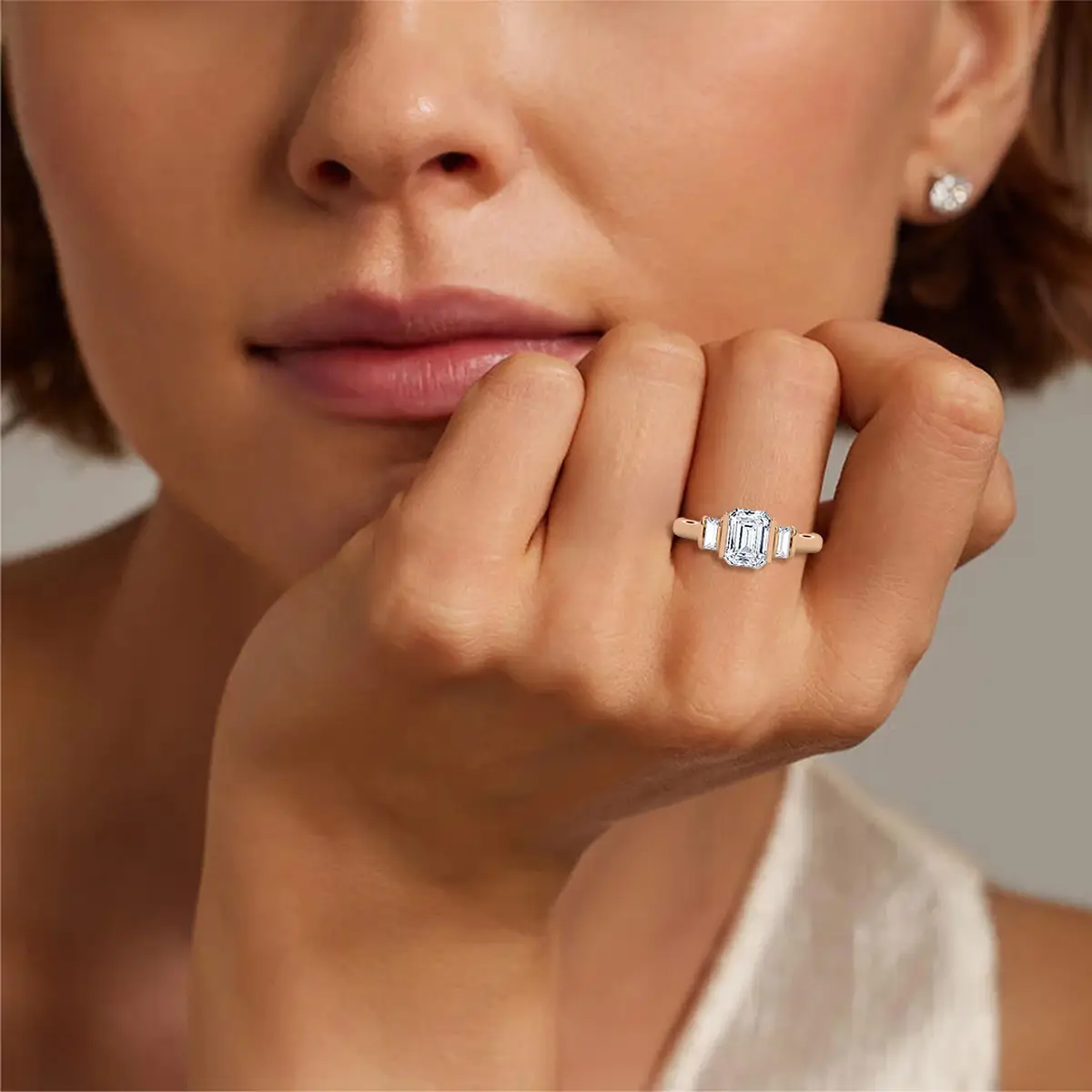 Emerald And Baguette Diamond Valini Three Stone Ring