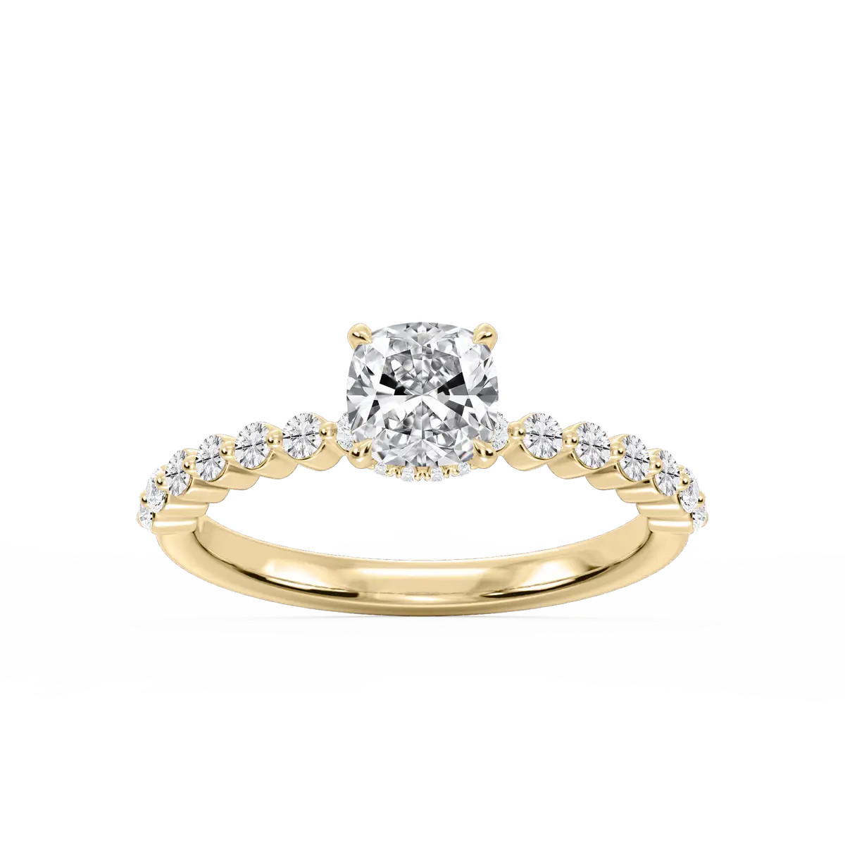 1 Carat Cushion Lab Grown Diamond Single Shared Prong Collar Hidden Halo Engagement Ring