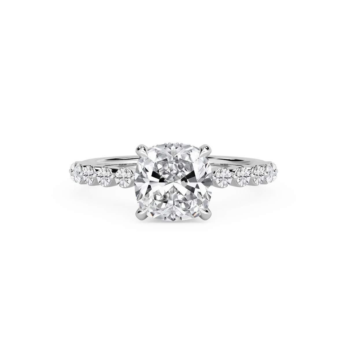 3 Carat Cushion Lab Grown Diamond Single Shared Prong Collar Hidden Halo Engagement Ring