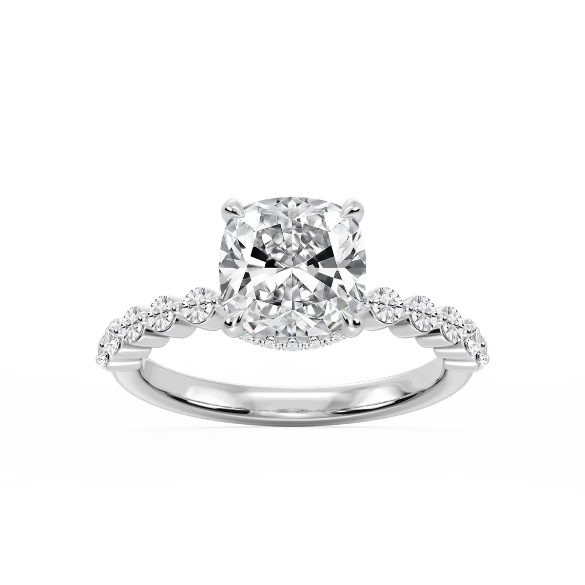 3 Carat Cushion Lab Grown Diamond Single Shared Prong Collar Hidden Halo Engagement Ring