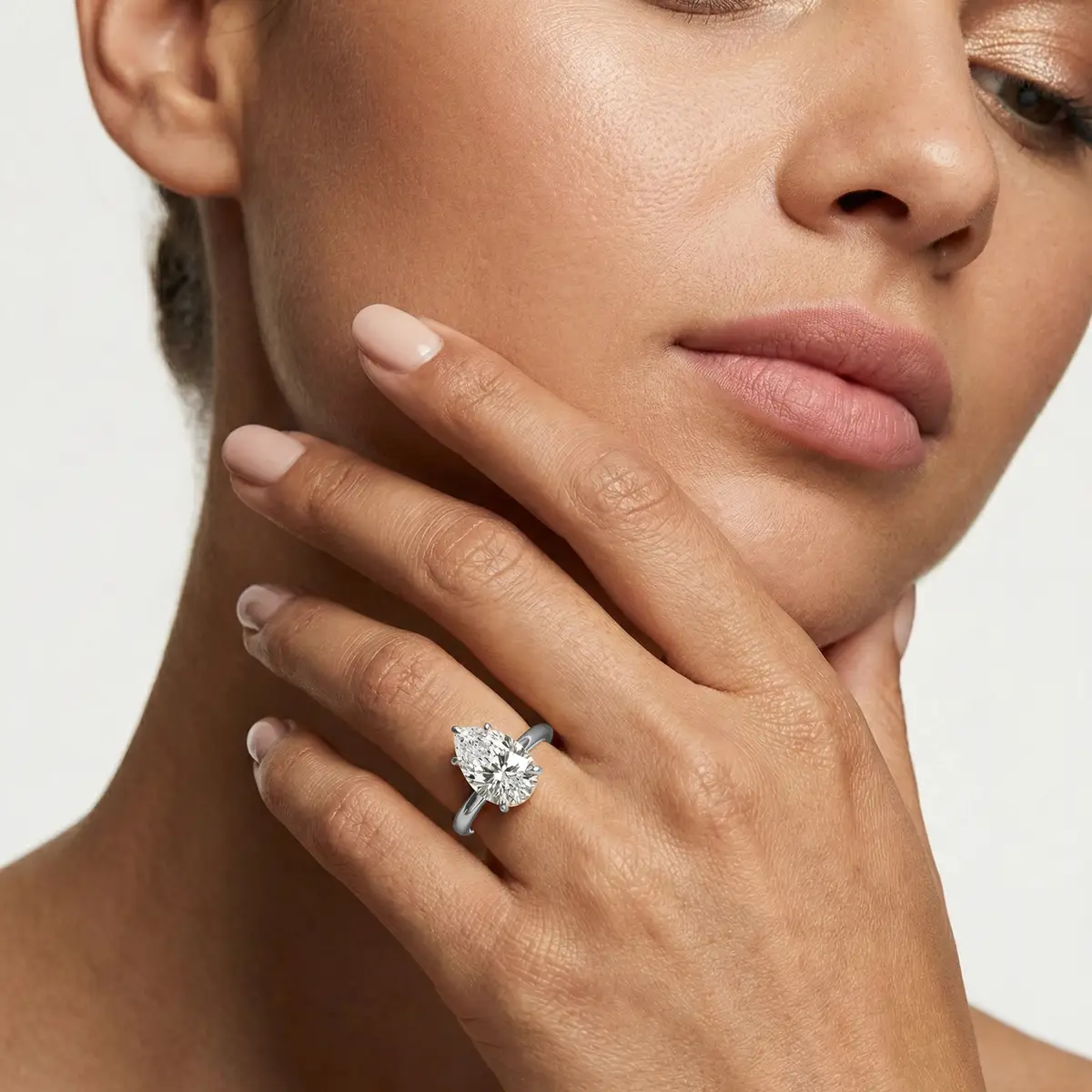 3 Carat Pear Lab Grown Diamond Claw Prong Hidden Halo Engagement Ring