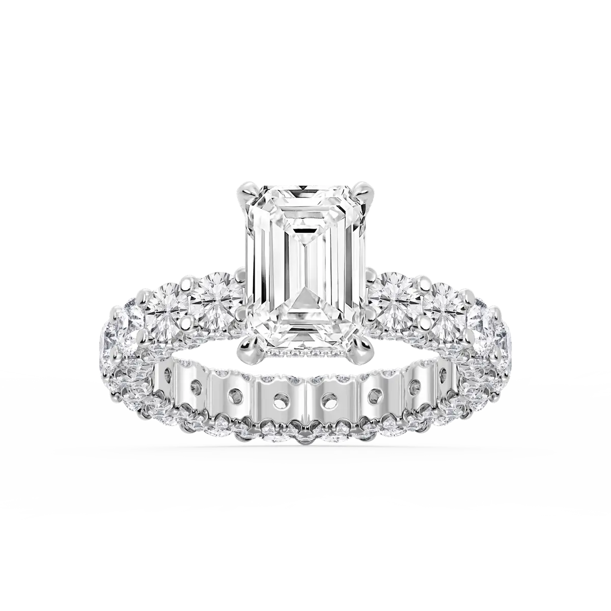 3 Carat Emerald Lab Grown Diamond Pave Eternity Hidden Halo Engagement Ring