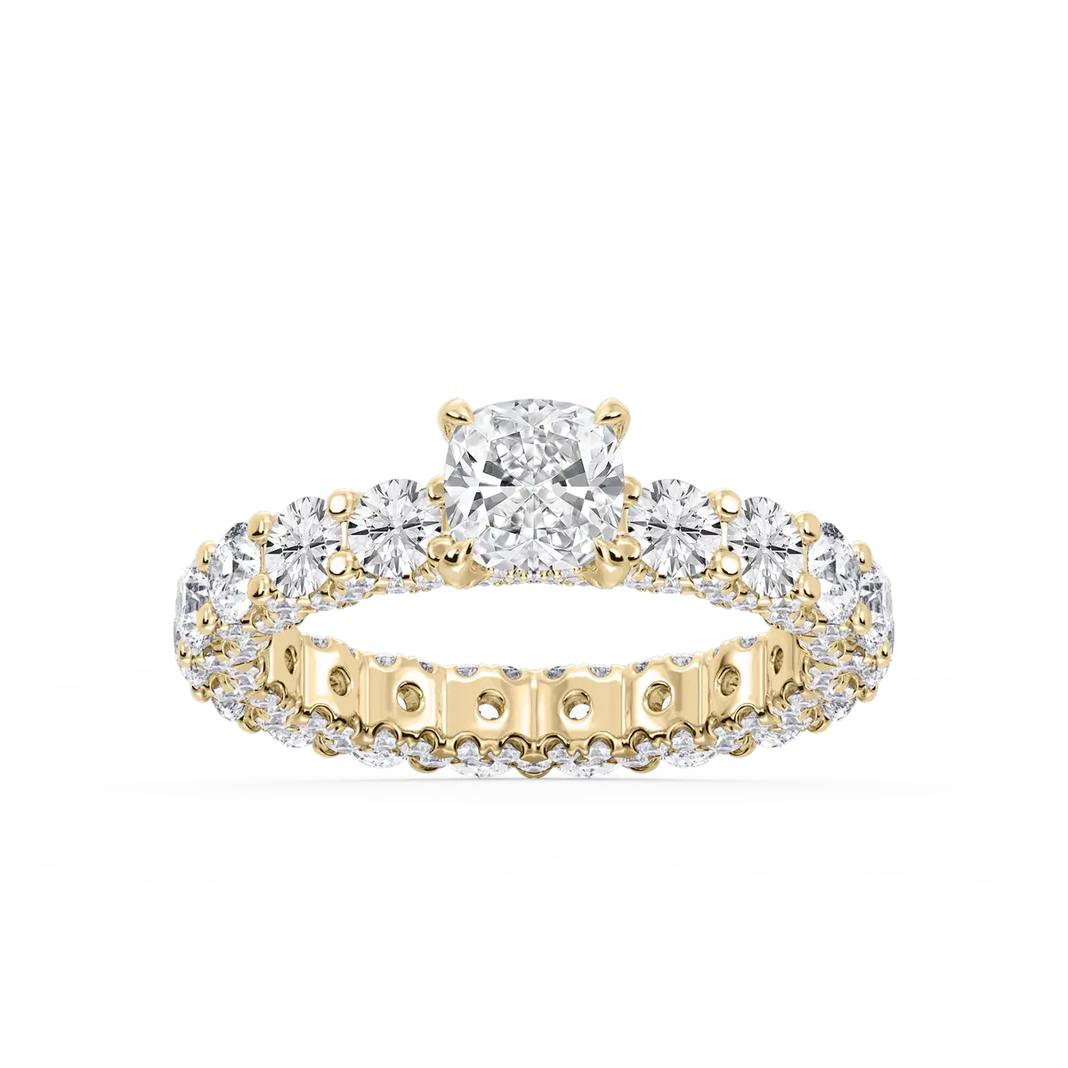 1 Carat Cushion Lab Grown Diamond Pave Eternity Hidden Halo Engagement Ring