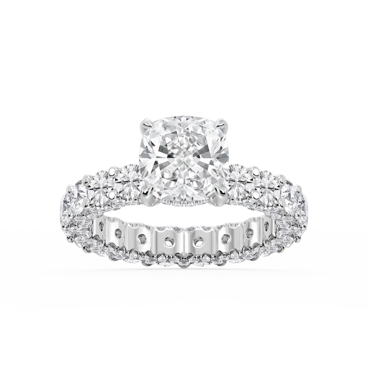 3 Carat Cushion Lab Grown Diamond Pave Eternity Hidden Halo Engagement Ring