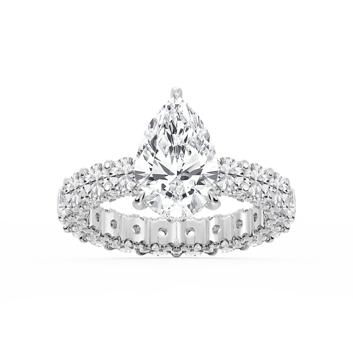3 Carat Pear Lab Grown Diamond Pave Eternity Hidden Halo Engagement Ring