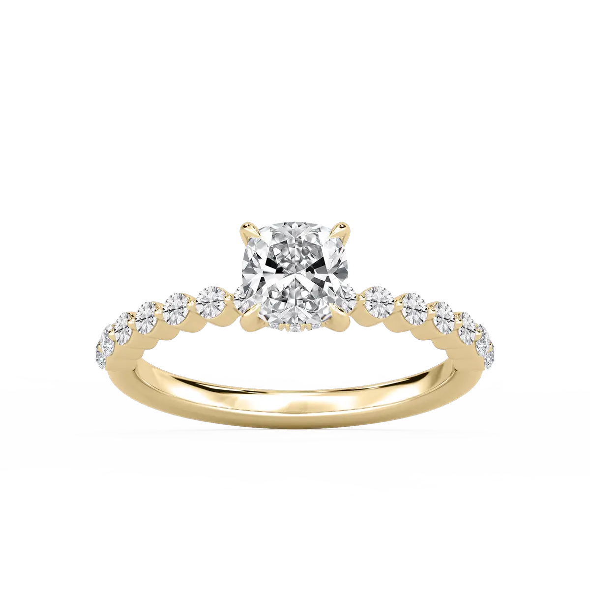 1 Carat Cushion Lab Grown Diamond Single Shared Prong Hidden Halo Engagement Ring