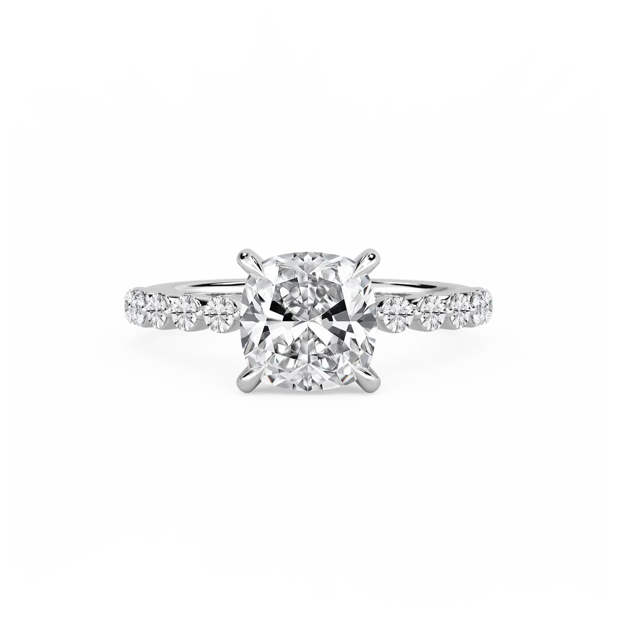 3 Carat Cushion Lab Grown Diamond Single Shared Prong Hidden Halo Engagement Ring