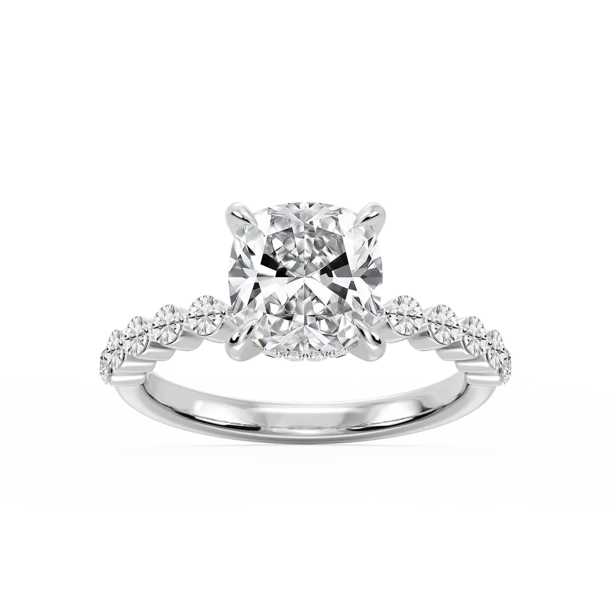 3 Carat Cushion Lab Grown Diamond Single Shared Prong Hidden Halo Engagement Ring
