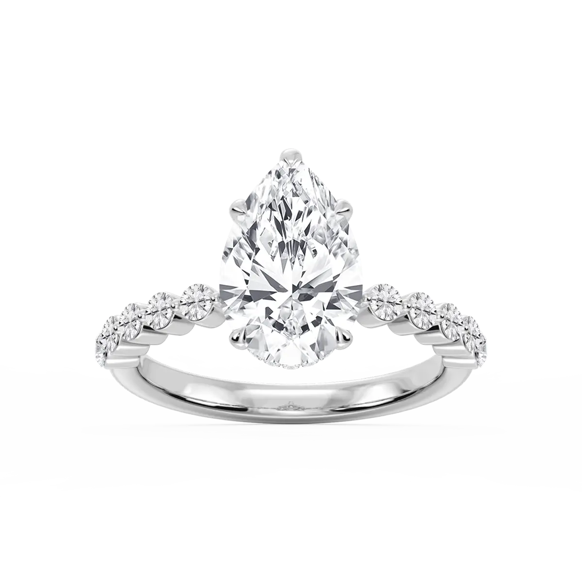 3 Carat Pear Lab Grown Diamond Single Shared Prong Hidden Halo Engagement Ring