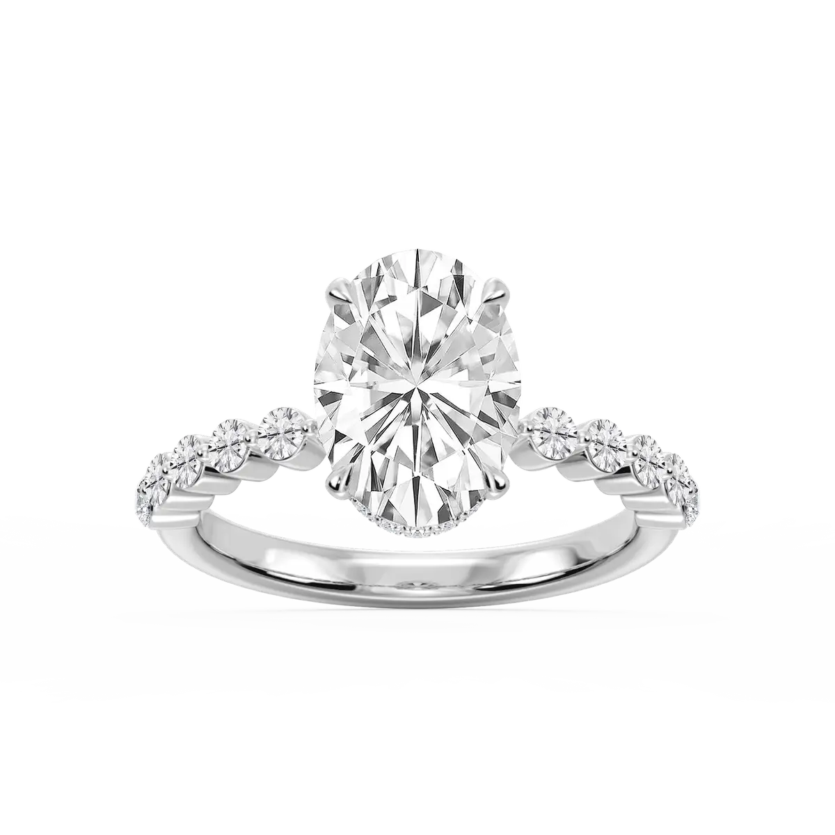 3 Carat Oval Lab Grown Diamond Single Shared Prong Hidden Halo Engagement Ring