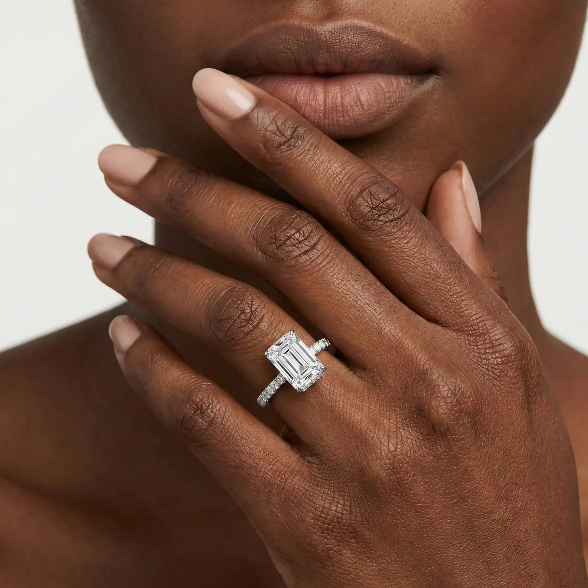 3 Carat Emerald Lab Grown Diamond Claw Prong Hidden Halo Engagement Ring