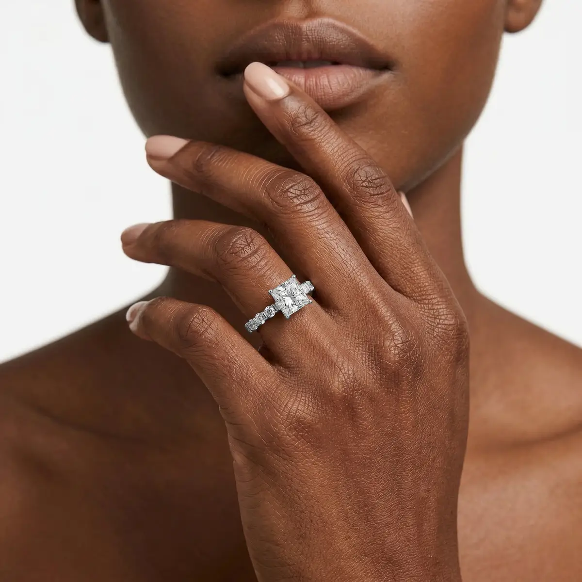 2 Carat Princess Lab Grown Diamond Bar Set Hidden Halo Engagement Ring