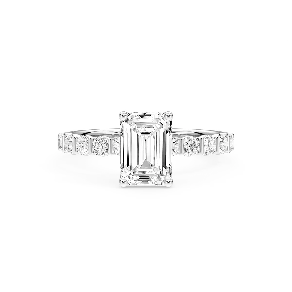 2 Carat Emerlad Lab Grown Diamond Bar Set Hidden Halo Engagement Ring