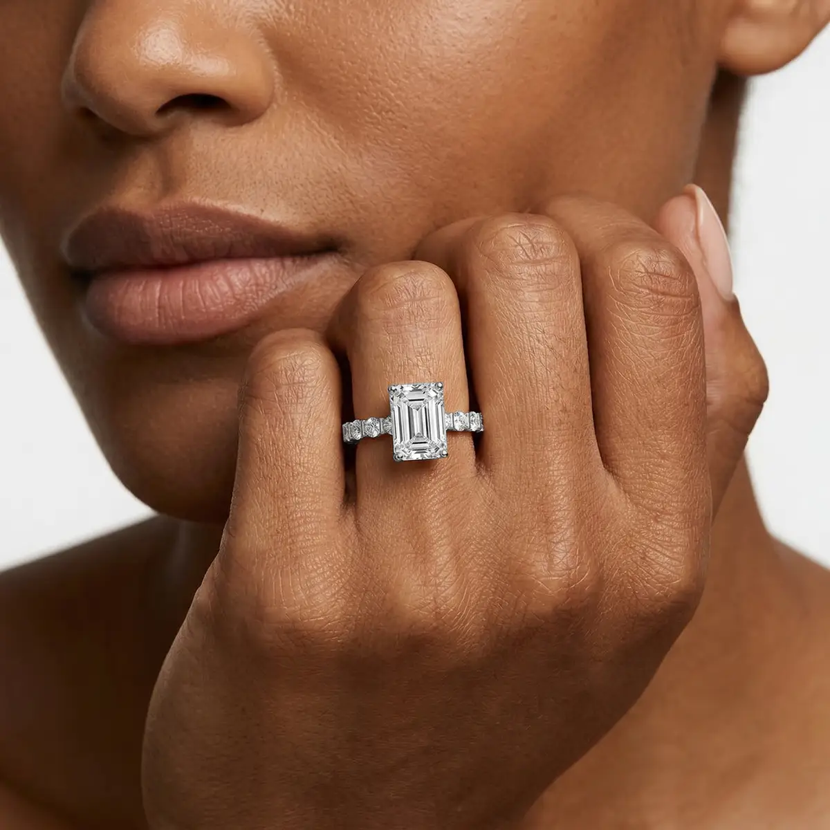 2 Carat Emerlad Lab Grown Diamond Bar Set Hidden Halo Engagement Ring