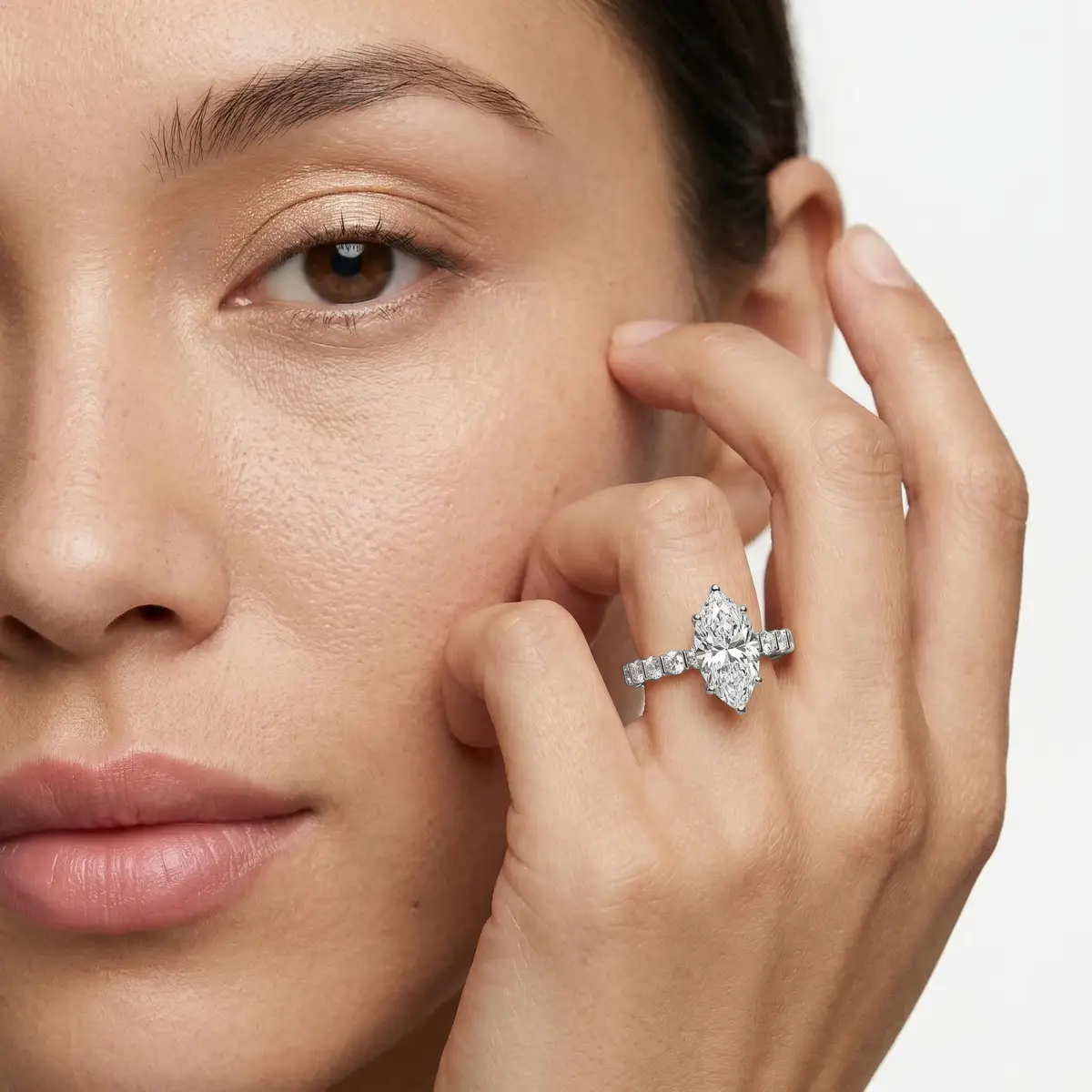 2 Carat Marquise Lab Grown Diamond Bar Set Hidden Halo Engagement Ring