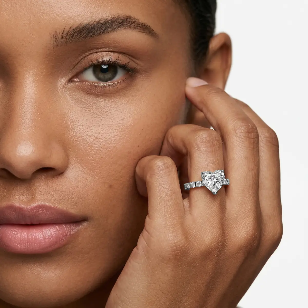 3 Carat Heart Lab Grown Diamond Bar Set Hidden Halo Engagement Ring