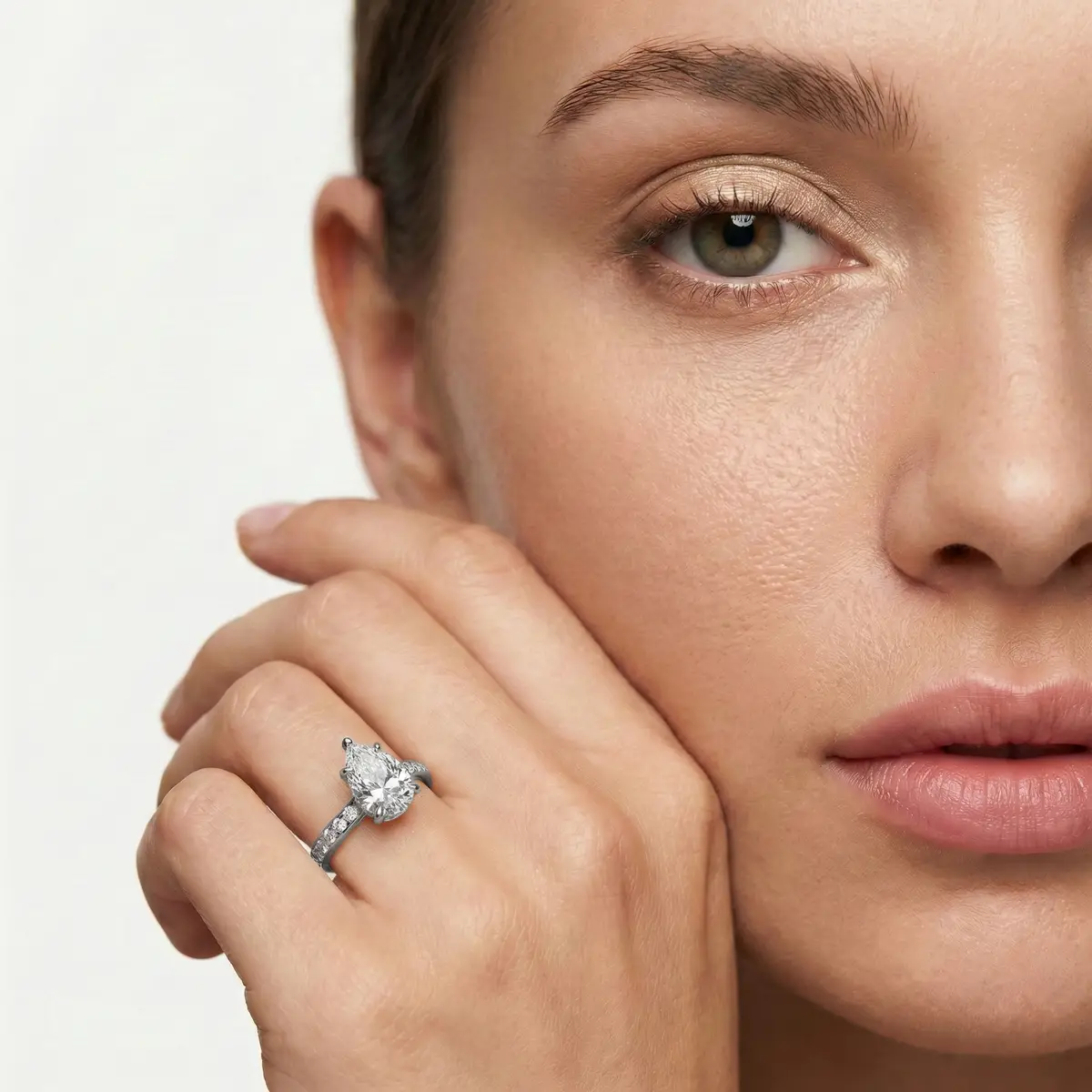 3 Carat Pear Lab Grown Diamond Channel Set Hidden Halo Engagement Ring