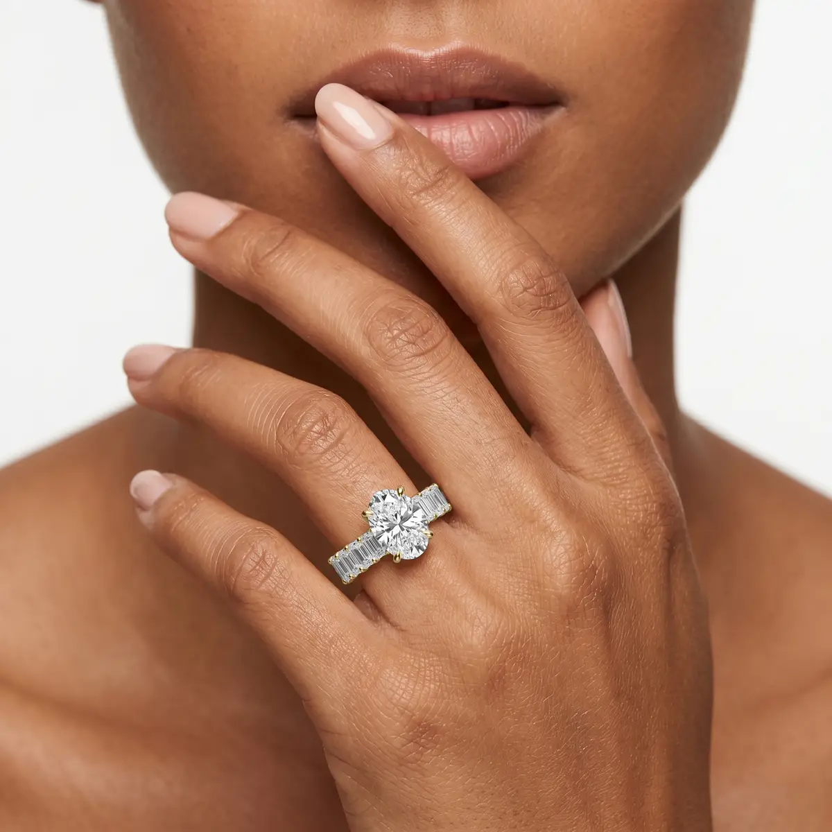 Split Shank 3 Carat Oval Lab Grown Side Stones Engagement Ring 