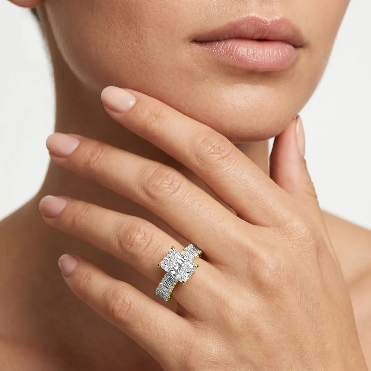 Split Shank 3 Carat Radiant Lab Grown Side Stones Engagement Ring 